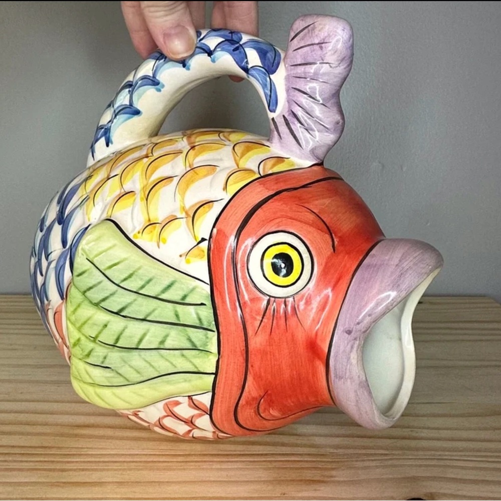 Vintage WCL China whimsical Koi Fish colorful water‎ pitcher kitchen dining 8”